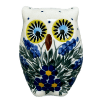 A picture of a Polish Pottery WR 3" Small Owl Figurine (Delphinium Spray) | WR40J-BW3 as shown at PolishPotteryOutlet.com/products/3-small-owl-figurine-delphinium-spray-wr40j-bw3