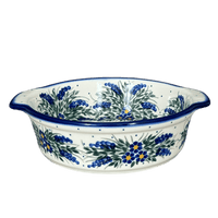 A picture of a Polish Pottery 8" Round Baker (Delphinium Spray) | WR43F-BW3 as shown at PolishPotteryOutlet.com/products/8-round-baker-delphinium-spray-wr43f-bw3
