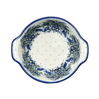 A picture of a Polish Pottery WR 8" Round Baker (Delphinium Spray) | WR43F-BW3 as shown at PolishPotteryOutlet.com/products/8-round-baker-delphinium-spray-wr43f-bw3