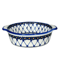 A picture of a Polish Pottery WR 8" Round Baker (Blue Floral Trellis) | WR43F-DT3 as shown at PolishPotteryOutlet.com/products/8-round-baker-blue-floral-trellis-wr43f-dt3