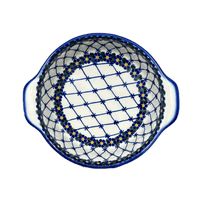 A picture of a Polish Pottery 8" Round Baker (Blue Floral Trellis) | WR43F-DT3 as shown at PolishPotteryOutlet.com/products/8-round-baker-blue-floral-trellis-wr43f-dt3