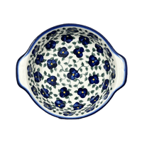 A picture of a Polish Pottery 8" Round Baker (Pansy Storm) | WR43F-EZ3 as shown at PolishPotteryOutlet.com/products/8-round-baker-pansy-storm-wr43f-ez3