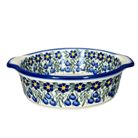 A picture of a Polish Pottery WR 8" Round Baker (Modern Blue Cascade) | WR43F-GP1 as shown at PolishPotteryOutlet.com/products/8-round-baker-modern-blue-cascade-wr43f-gp1