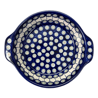 A picture of a Polish Pottery WR 8" Round Baker (Peacock in Line) | WR43F-SM1 as shown at PolishPotteryOutlet.com/products/8-round-baker-peacock-in-line-wr43f-sm1