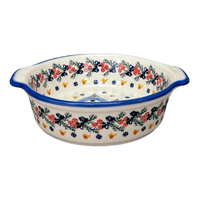 A picture of a Polish Pottery WR 8" Round Baker (Bows in Snow) | WR43F-WR15 as shown at PolishPotteryOutlet.com/products/8-round-baker-bows-in-snow-wr43f-wr15
