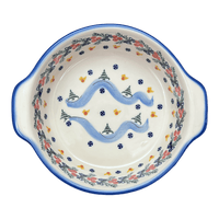 A picture of a Polish Pottery WR 8" Round Baker (Bows in Snow) | WR43F-WR15 as shown at PolishPotteryOutlet.com/products/8-round-baker-bows-in-snow-wr43f-wr15