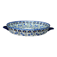 A picture of a Polish Pottery WR 11" Round Casserole Dish With Handles (Modern Blue Cascade) | WR52C-GP1 as shown at PolishPotteryOutlet.com/products/11-round-casserole-dish-with-handles-modern-blue-cascade-wr52c-gp1