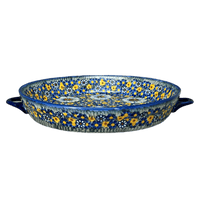 A picture of a Polish Pottery 11" Round Casserole Dish With Handles (Chamomile) | WR52C-RC4 as shown at PolishPotteryOutlet.com/products/11-round-casserole-dish-with-handles-chamomile-wr52c-rc4