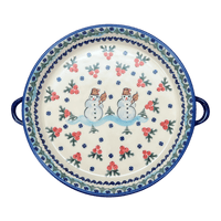 A picture of a Polish Pottery 11" Round Casserole Dish With Handles (Frosty & Friend) | WR52C-WR11 as shown at PolishPotteryOutlet.com/products/11-round-casserole-dish-with-handles-frosty-friend-wr52c-wr11