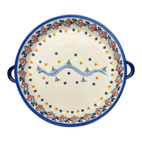 A picture of a Polish Pottery WR 11" Round Casserole Dish With Handles (Bows in Snow) | WR52C-WR15 as shown at PolishPotteryOutlet.com/products/11-round-casserole-dish-with-handles-bows-in-snow-wr52c-wr15