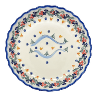 A picture of a Polish Pottery Tart Pan (Bows in Snow) | WR52D-WR15 as shown at PolishPotteryOutlet.com/products/tart-pan-bows-in-snow-wr52d-wr15