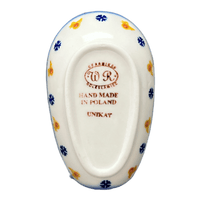 A picture of a Polish Pottery WR 3.5" x 5" Spoon Rest (Bows in Snow) | WR55D-WR15 as shown at PolishPotteryOutlet.com/products/3-5-x-5-spoon-rest-bows-in-snow-wr55d-wr15