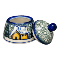 A picture of a Polish Pottery 4" Sugar Bowl Bell (Winter Cabin) | WR9A-AB1 as shown at PolishPotteryOutlet.com/products/4-sugar-bowl-bell-winter-cabin-wr9a-ab1