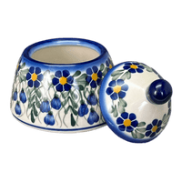A picture of a Polish Pottery WR Sugar Bowl Bell (Modern Blue Cascade) | WR9A-GP1 as shown at PolishPotteryOutlet.com/products/sugar-bowl-bell-modern-blue-cascade-wr9a-gp1
