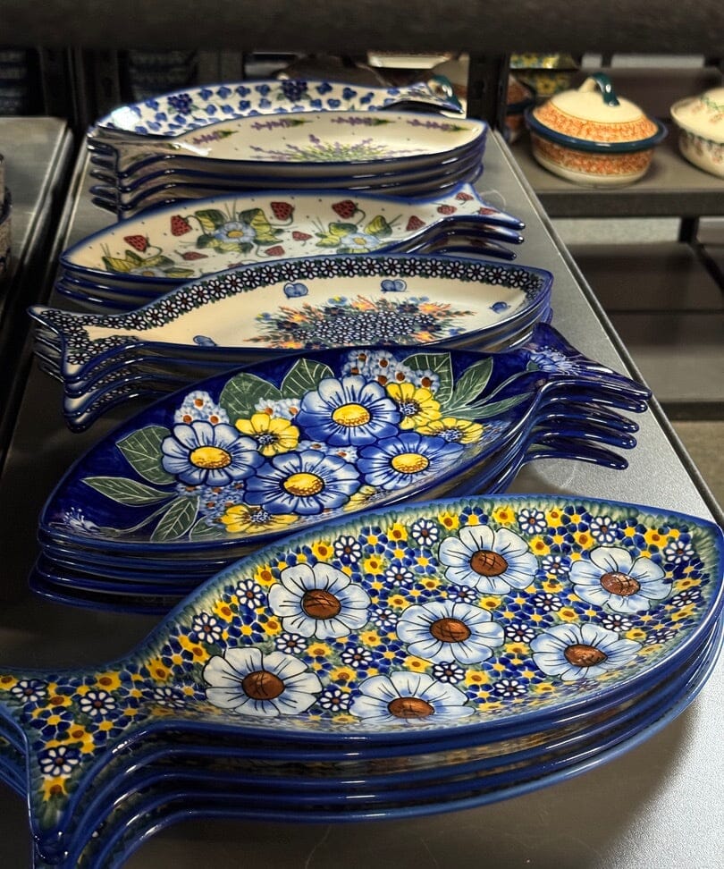Plate, Fish-Shaped, 14.5" x 6.5", WR (WR13O) in "Cobalt Blossoms" by W.R. Ceramika | WR13O-AB5