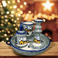 A picture of a Polish Pottery 14 oz. Pitcher (Winter Cabin) | WR7K-AB1 as shown at PolishPotteryOutlet.com/products/14-oz-pitcher-winter-cabin-wr7k-ab1