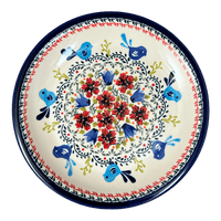 A picture of a Polish Pottery Zaklady 9.5" Plate (Circling Bluebirds) | Y1001-ART214 as shown at PolishPotteryOutlet.com/products/zaklady-9-5-plate-circling-bluebirds-y1001-art214