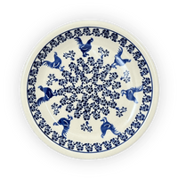 A picture of a Polish Pottery Zaklady 9.5" Plate (Rooster Blues) | Y1001-D1149 as shown at PolishPotteryOutlet.com/products/9-5-round-plate-rooster-blues-y1001-d1149