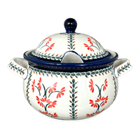 A picture of a Polish Pottery Zaklady 3 Liter Soup Tureen (Scarlet Stitch) | Y1004-A1158A as shown at PolishPotteryOutlet.com/products/3-liter-soup-tureen-scarlet-stitch-y1004-a1158a