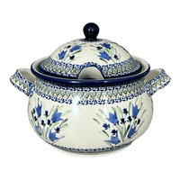 A picture of a Polish Pottery Zaklady 3 Liter Soup Tureen (Blue Tulips) | Y1004-ART160 as shown at PolishPotteryOutlet.com/products/3-liter-soup-tureen-blue-tulips-y1004-art160