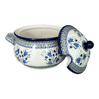 A picture of a Polish Pottery Zaklady 3 Liter Soup Tureen (Blue Tulips) | Y1004-ART160 as shown at PolishPotteryOutlet.com/products/3-liter-soup-tureen-blue-tulips-y1004-art160