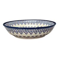 A picture of a Polish Pottery Zaklady 10" Shallow Serving Bowl (Falling Blue Daisies) | Y1013A-A882A as shown at PolishPotteryOutlet.com/products/10-shallow-serving-bowl-falling-blue-daisies-y1013a-a882a