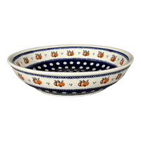 A picture of a Polish Pottery Zaklady 10" Shallow Serving Bowl (Persimmon Dot) | Y1013A-D479 as shown at PolishPotteryOutlet.com/products/shallow-10-serving-bowl-peacock-peaches-cream-y1013a-d479