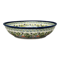 A picture of a Polish Pottery Zaklady 10" Shallow Serving Bowl (Floral Swallows) | Y1013A-DU182 as shown at PolishPotteryOutlet.com/products/10-shallow-serving-bowl-du182-y1013a-du182