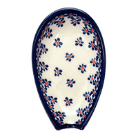 A picture of a Polish Pottery 5" Spoon Rest (Falling Blue Daisies) | Y1015-A882A as shown at PolishPotteryOutlet.com/products/5-spoon-rest-falling-blue-daisies-y1015-a882a