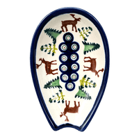 A picture of a Polish Pottery Zaklady 5" Spoon Rest (Evergreen Moose) | Y1015-A992A as shown at PolishPotteryOutlet.com/products/5-spoon-rest-evergreen-moose-y1015-a992a
