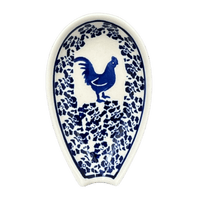 A picture of a Polish Pottery Zaklady 5" Spoon Rest (Rooster Blues) | Y1015-D1149 as shown at PolishPotteryOutlet.com/products/5-spoon-rest-rooster-blues-y1015-d1149