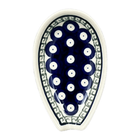 A picture of a Polish Pottery Zaklady 5" Spoon Rest (Grecian Dot) | Y1015-D923 as shown at PolishPotteryOutlet.com/products/5-spoon-rest-geometric-peacock-y1015-d923