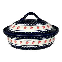 A picture of a Polish Pottery Zaklady 12.5" x 10" Large Covered Baker (Strawberry Dot) | Y1158-A310A as shown at PolishPotteryOutlet.com/products/roasting-pan-w-lid-strawberry-peacock-y1158-a310a