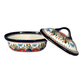 Polish Pottery Zaklady 12.5" x 10" Large Covered Baker (Butterfly Bouquet) | Y1158-ART149 Additional Image at PolishPotteryOutlet.com