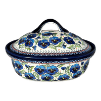 A picture of a Polish Pottery Zaklady 12.5" x 10" Large Covered Baker (Pansies in Bloom) | Y1158-ART277 as shown at PolishPotteryOutlet.com/products/roasting-pan-w-lid-pansies-in-bloom-y1158-art277