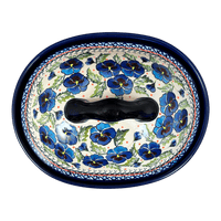 A picture of a Polish Pottery Zaklady 12.5" x 10" Large Covered Baker (Pansies in Bloom) | Y1158-ART277 as shown at PolishPotteryOutlet.com/products/roasting-pan-w-lid-pansies-in-bloom-y1158-art277