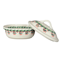 A picture of a Polish Pottery Zaklady 12.5" x 10" Large Covered Baker (Raspberry Delight) | Y1158-D1170 as shown at PolishPotteryOutlet.com/products/roasting-pan-w-lid-raspberry-delight-y1158-d1170