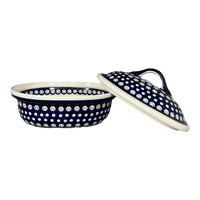 A picture of a Polish Pottery Zaklady 12.5" x 10" Large Covered Baker (Peacock Burst) | Y1158-D487 as shown at PolishPotteryOutlet.com/products/roasting-pan-w-lid-peacock-burst-y1158-d487