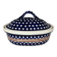 A picture of a Polish Pottery Zaklady 12.5" x 10" Large Covered Baker (Stars & Stripes) | Y1158-D81 as shown at PolishPotteryOutlet.com/products/roasting-pan-w-lid-stars-stripes-y1158-d81