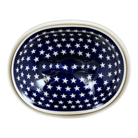 A picture of a Polish Pottery Zaklady 12.5" x 10" Large Covered Baker (Stars & Stripes) | Y1158-D81 as shown at PolishPotteryOutlet.com/products/roasting-pan-w-lid-stars-stripes-y1158-d81