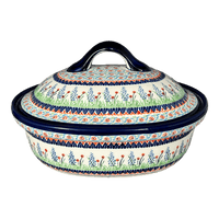 A picture of a Polish Pottery Zaklady 12.5" x 10" Large Covered Baker (Lilac Garden) | Y1158-DU155 as shown at PolishPotteryOutlet.com/products/roasting-pan-w-lid-du155-y1158-du155