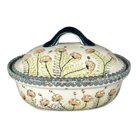 A picture of a Polish Pottery Zaklady 12.5" x 10" Large Covered Baker (Dandelions) | Y1158-DU201 as shown at PolishPotteryOutlet.com/products/12-5-x-10-large-covered-baker-make-a-wish-y1158-du201