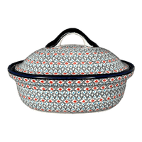 A picture of a Polish Pottery Zaklady 12.5" x 10" Large Covered Baker (Beaded Turquoise) | Y1158-DU203 as shown at PolishPotteryOutlet.com/products/roasting-pan-w-lid-beaded-turquoise-y1158-du203