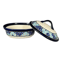 A picture of a Polish Pottery Zaklady 12.5" x 10" Large Covered Baker (Garden Party Blues) | Y1158-DU50 as shown at PolishPotteryOutlet.com/products/roasting-pan-w-lid-garden-party-blues-y1158-du50