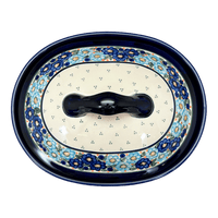 A picture of a Polish Pottery Zaklady 12.5" x 10" Large Covered Baker (Garden Party Blues) | Y1158-DU50 as shown at PolishPotteryOutlet.com/products/roasting-pan-w-lid-garden-party-blues-y1158-du50