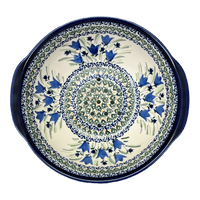A picture of a Polish Pottery Zaklady 10" Colander (Blue Tulips) | Y1183A-ART160 as shown at PolishPotteryOutlet.com/products/colander-blue-tulips-y1183a-art160