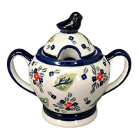A picture of a Polish Pottery Zaklady Bird Sugar Bowl (Mountain Flower) | Y1234-A1109A as shown at PolishPotteryOutlet.com/products/bird-sugar-bowl-mistletoe-y1234-1109a