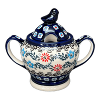 A picture of a Polish Pottery Zaklady Bird Sugar Bowl (Climbing Aster) | Y1234-A1145A as shown at PolishPotteryOutlet.com/products/bird-sugar-bowl-climbing-aster-y1234-a1145a