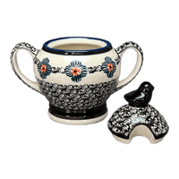 A picture of a Polish Pottery Zaklady Bird Sugar Bowl (Mesa Verde Midnight) | Y1234-A1159A as shown at PolishPotteryOutlet.com/products/bird-sugar-bowl-mesa-verde-midnight-y1234-a1159a