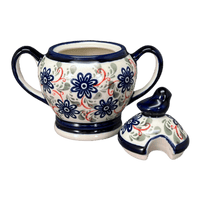 A picture of a Polish Pottery Zaklady Bird Sugar Bowl (Swirling Flowers) | Y1234-A1197A as shown at PolishPotteryOutlet.com/products/bird-sugar-bowl-swirling-flowers-y1234-1197a
